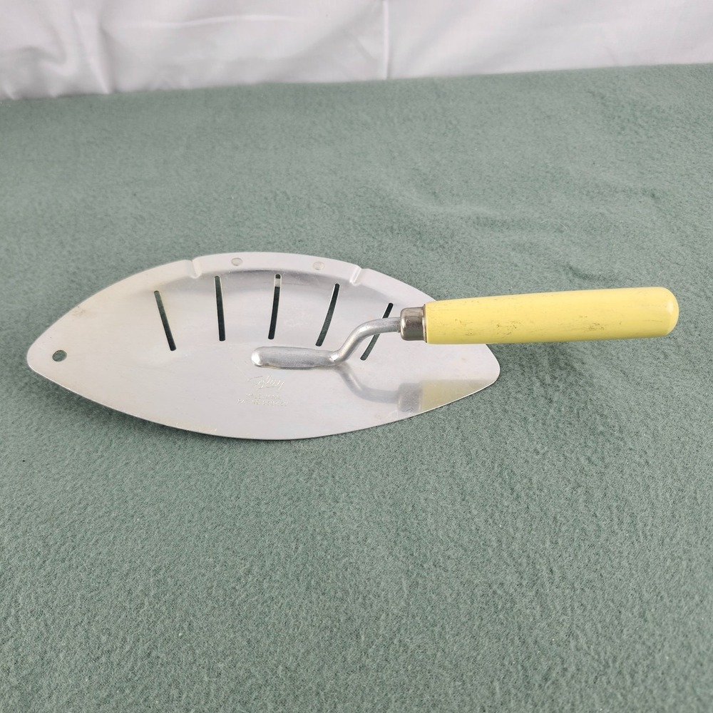 Vintage 50s Kitchen Foley Grease Water Strainer for Pan Pots Yellow Wood Handle